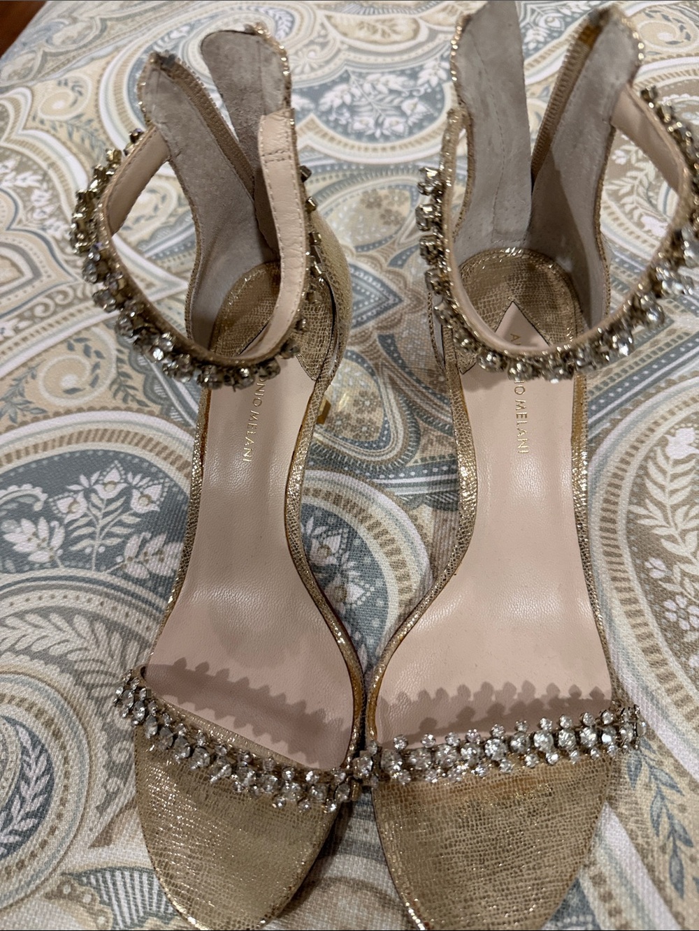 ANTONIO MELANI Gold Beaded Ankle-Strap Heels